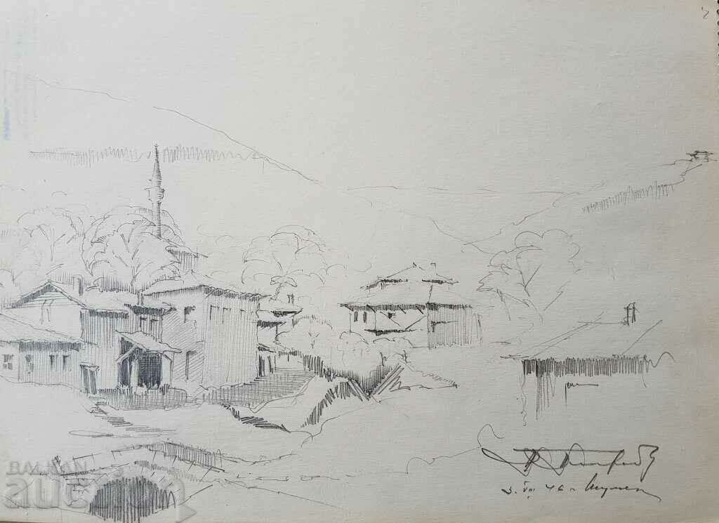 Desen maestru în creion Toma Petrov 1908-72 Şumen vechi cu preț € 105.00 | 205.36 BGN