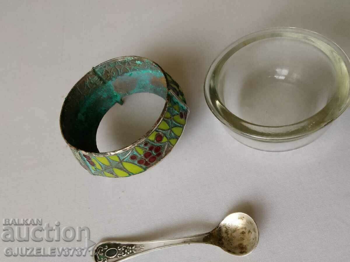Auction Vintage Russian Melchiorna with Enamel Salt Spoon Auction Vintage Russian Melchiorna with Enamel Salt Spoon