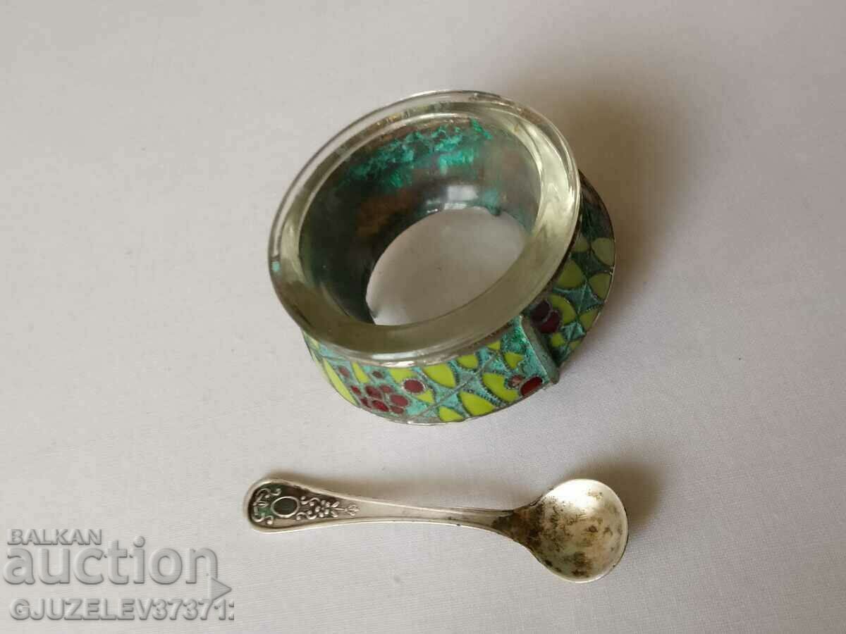 Vintage Russian Melchiorna with Enamel Salt Spoon - 5 Vintage Russian Melchiorna with Enamel Salt Spoon - 5