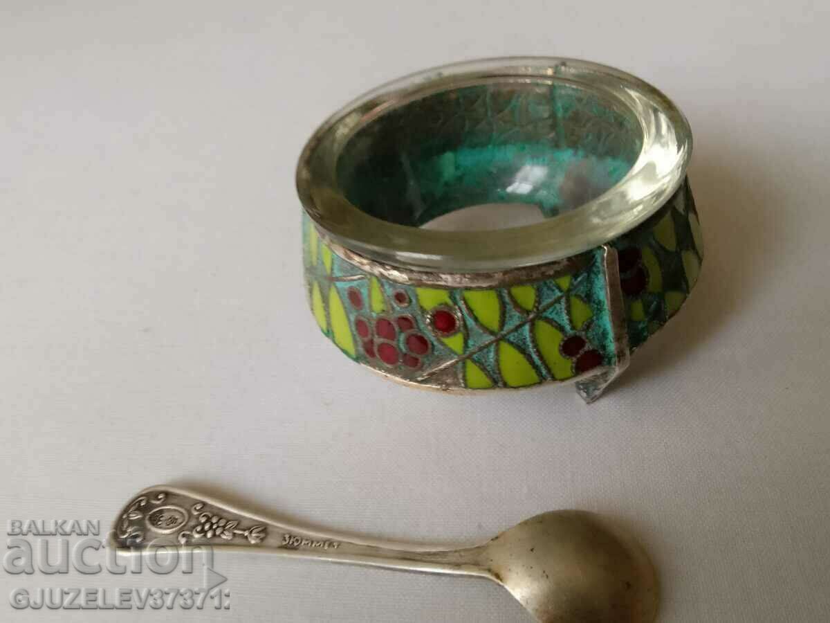 Vintage Russian Melchiorna with Enamel Salt Spoon - 6 Vintage Russian Melchiorna with Enamel Salt Spoon - 6