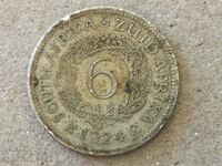 Южна Африка 6 пенса 1924 Джордж V рядка сребърна монета