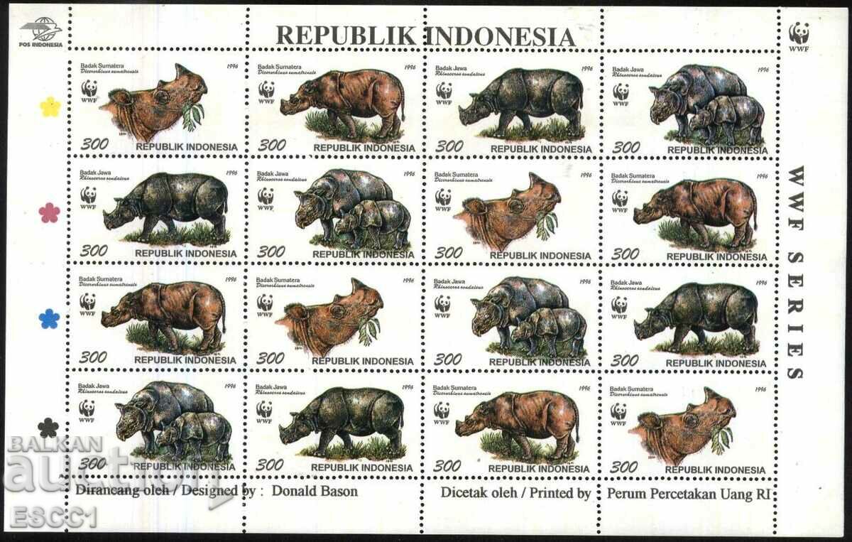 Ștampile curate în foaie mică Fauna Rhinoceros WWF 1996 Indonezia