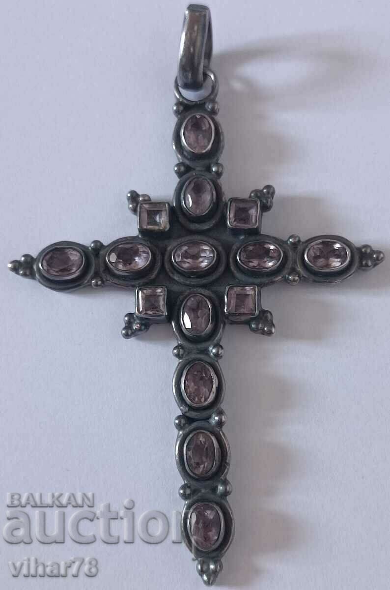 Large Silver Cross with Amethyst-Amethysts