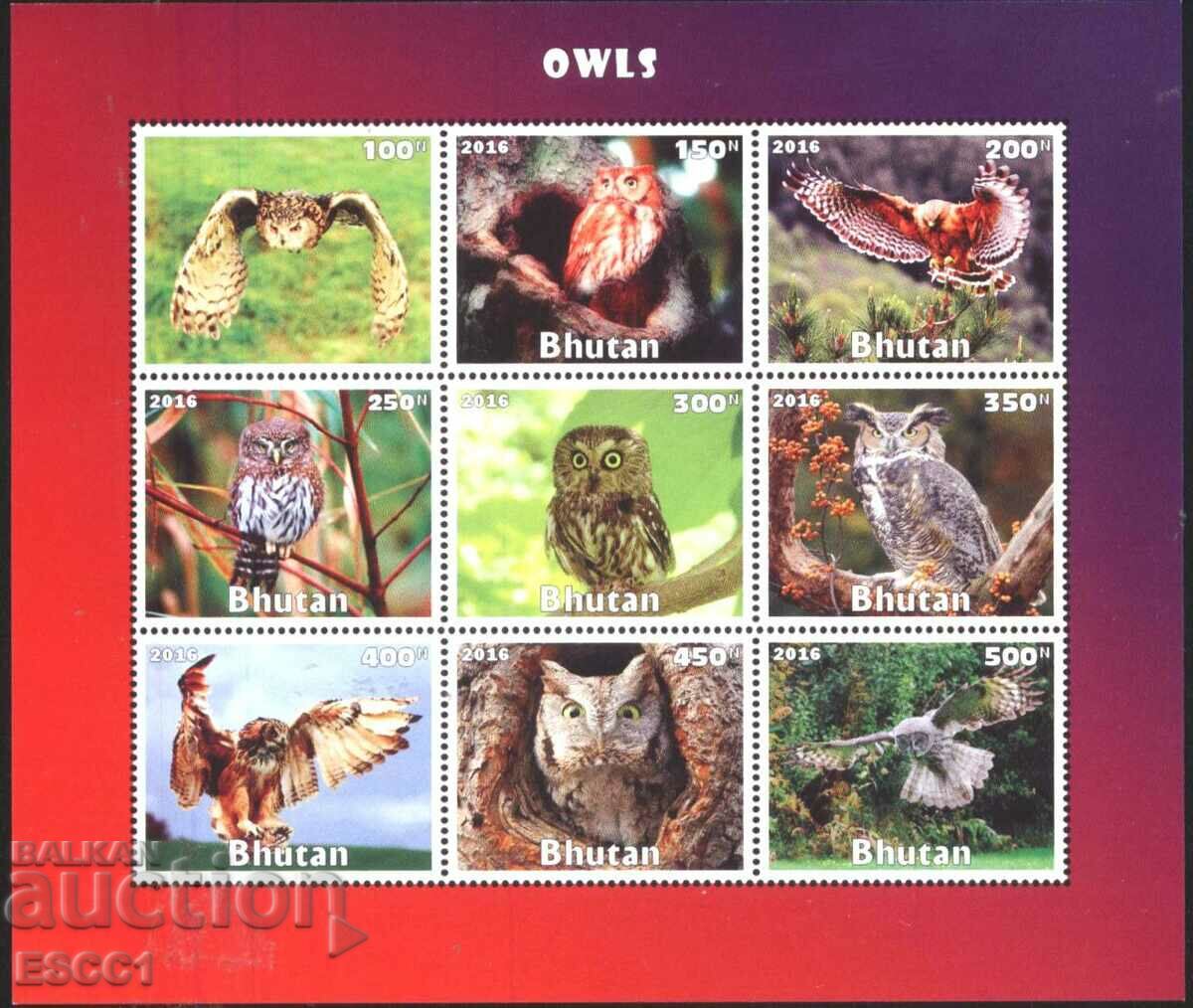 Bloc curat Fauna Birds Owls 2016 din Bhutan