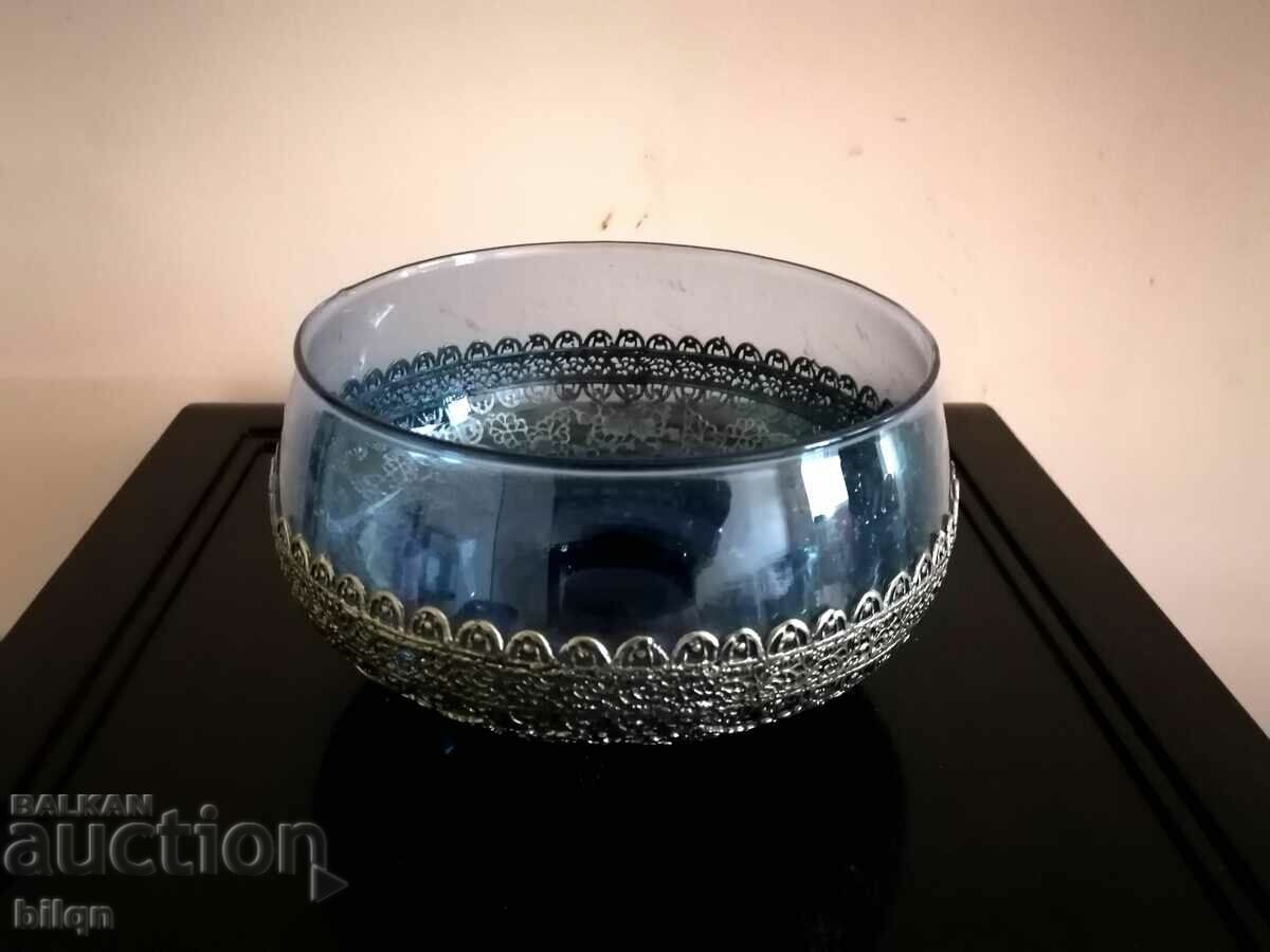 Beautiful Blue Glass Dish With Silver Plated Ornaments