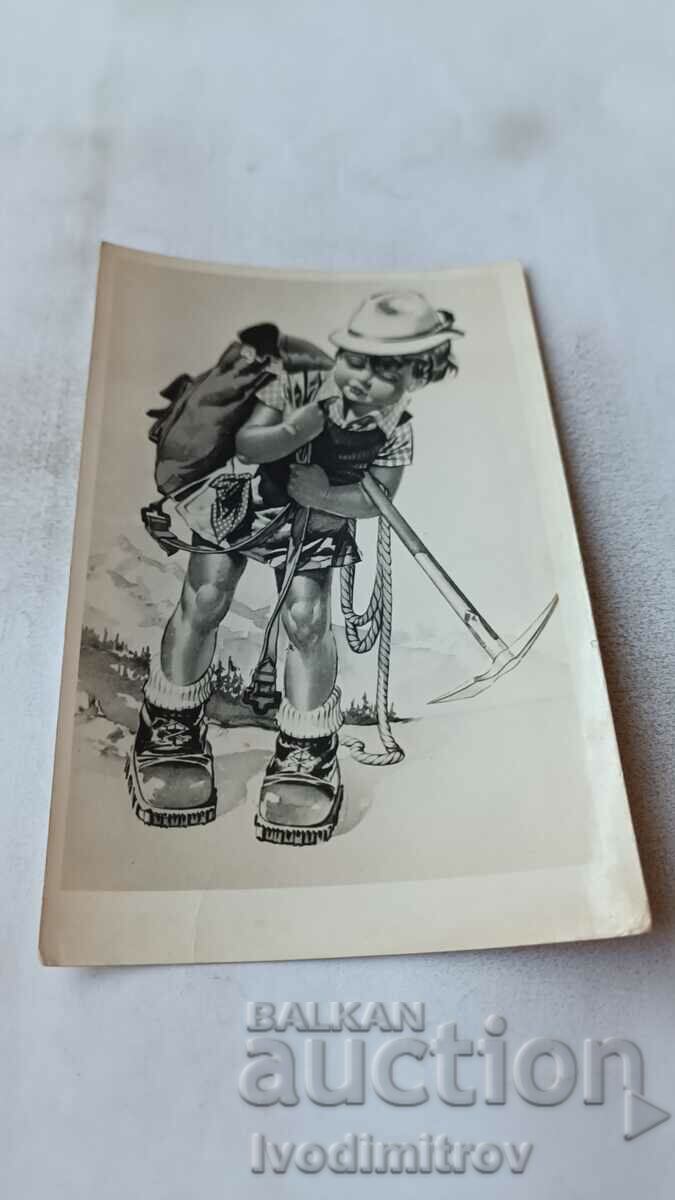 Postcard Boy with mountaineering equipment