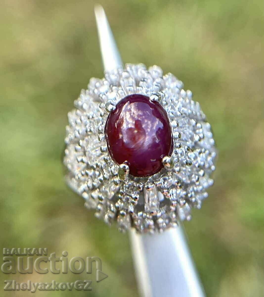 Великолепен сребърен пръстен с натурален звезден Рубин