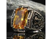Men's ring with amber zircon, Tibetan silver