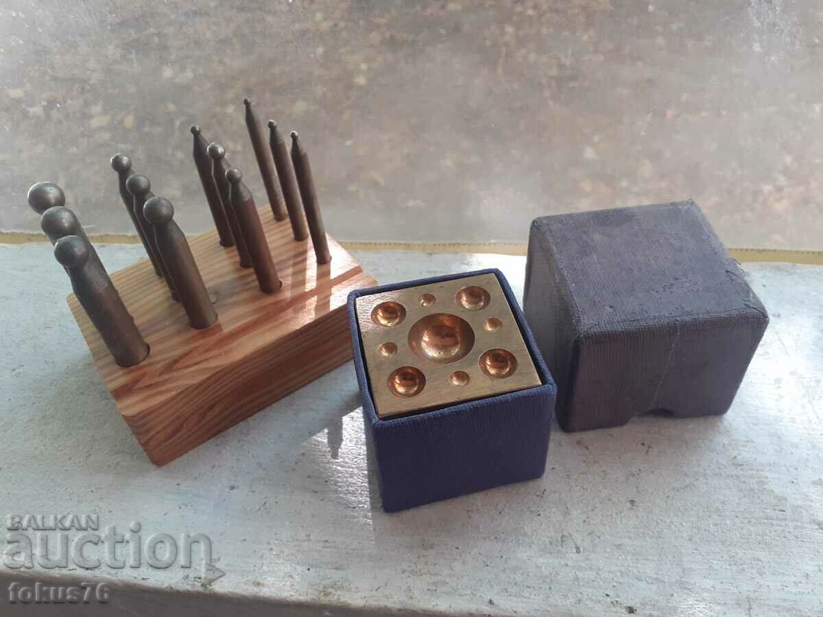 Old jeweler tool cube with punch set