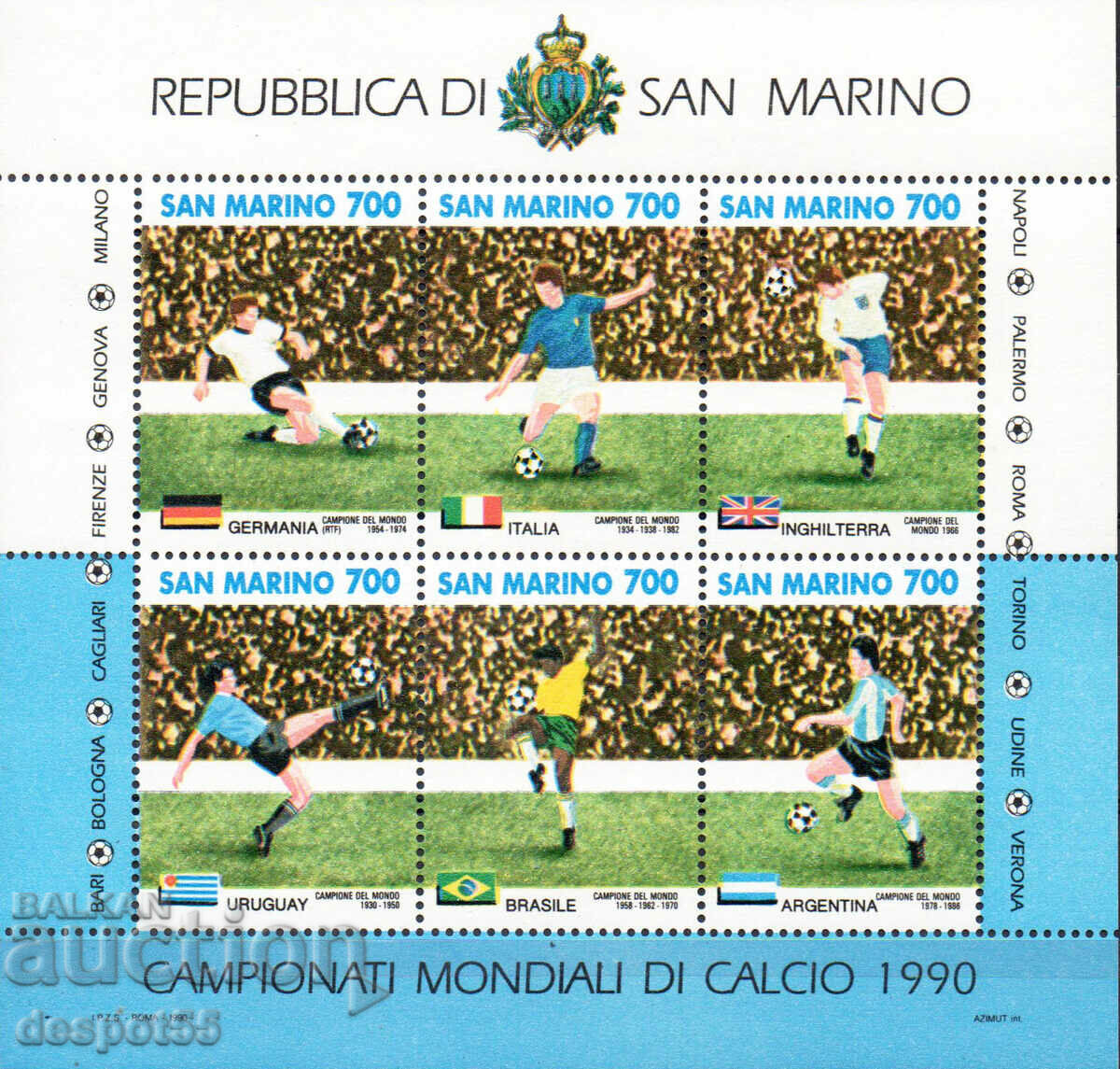 1990. Άγιος Μαρίνος. Παγκόσμιο Κύπελλο ποδοσφαίρου - Ιταλία. ΟΙΚΟΔΟΜΙΚΟ ΤΕΤΡΑΓΩΝΟ.