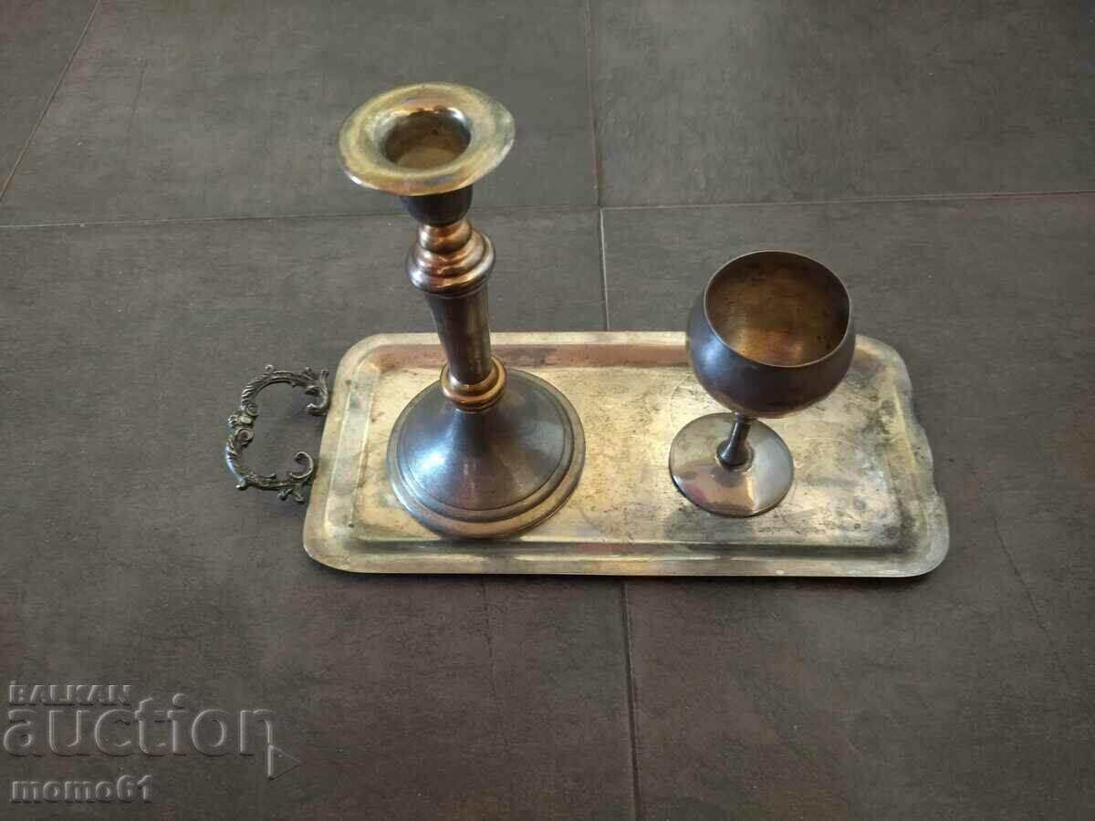 Auction Old silver plated candle holder, cup and tray. Auction Old silver plated candle holder, cup and tray.