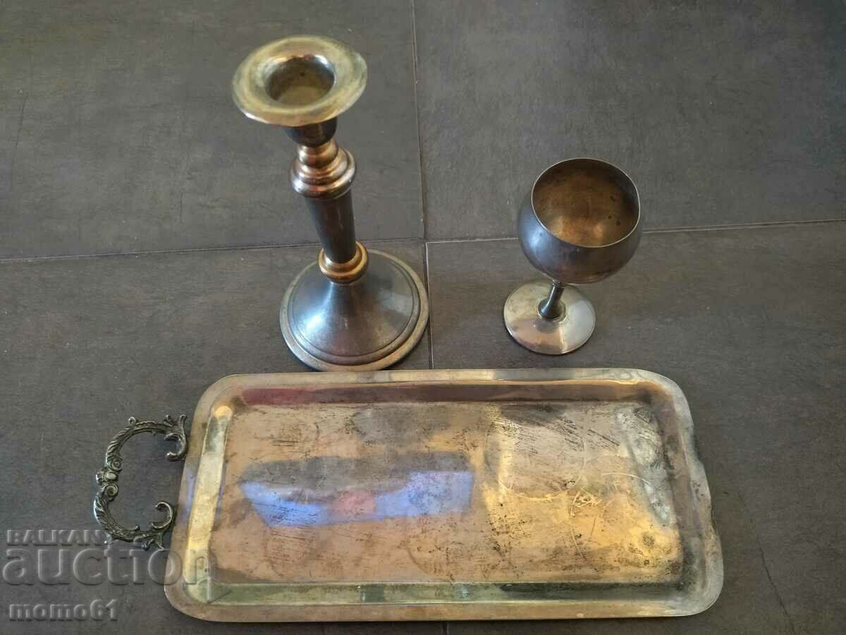 Old silver plated candle holder, cup and tray. Old silver plated candle holder, cup and tray.
