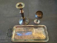 Old silver plated candle holder, cup and tray.