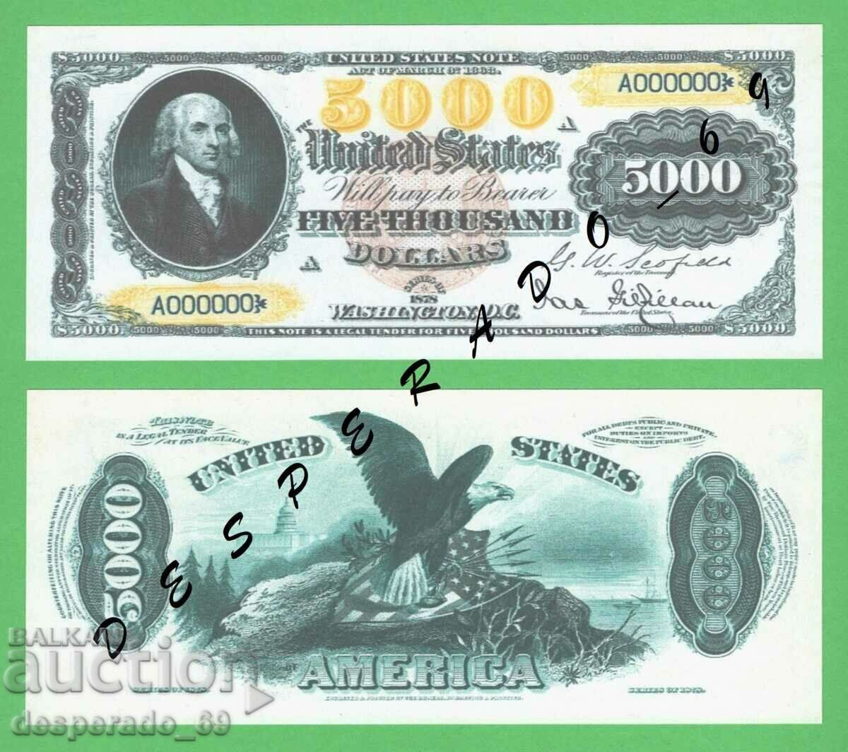 (¯`'•.¸(reproduction) US $5000 1878 UNC¸.•'´¯)