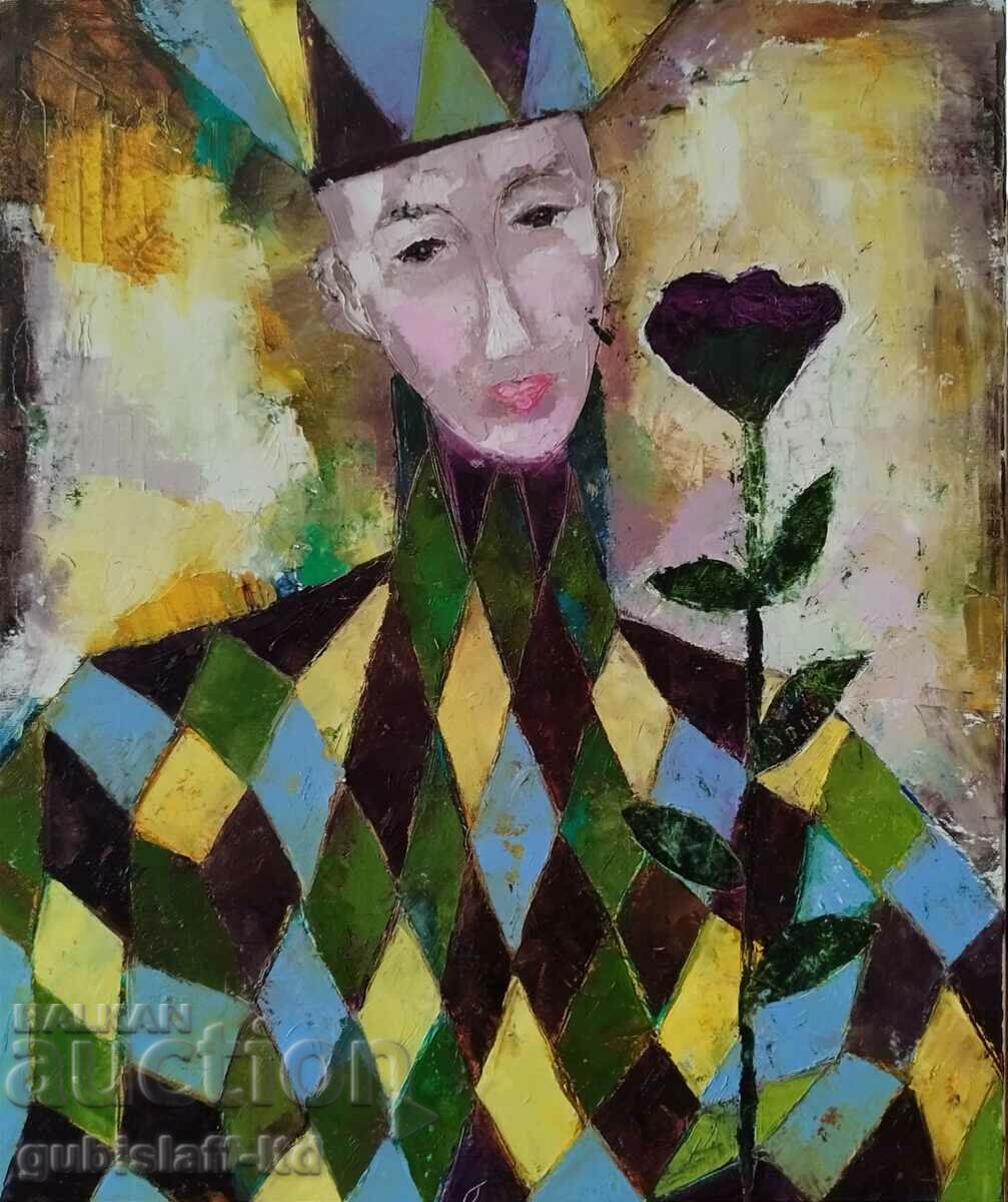 Picture, clown, harlequin with a rose