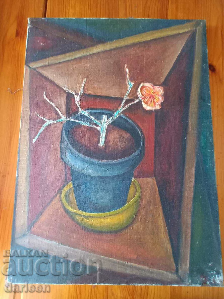Still life with pot and flower, oil painting