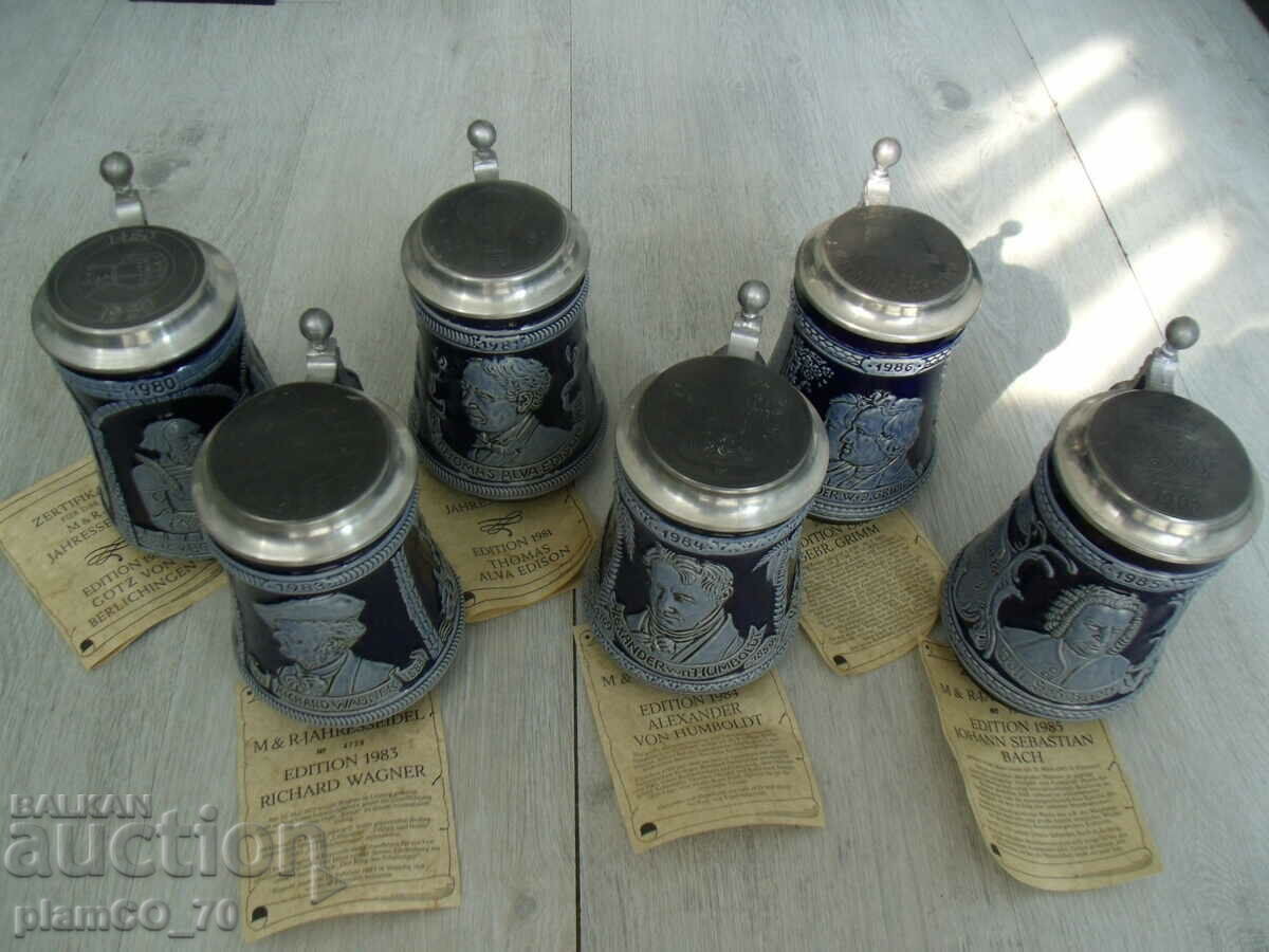 #*7142 lot 6 old M & R porcelain mugs - with lids