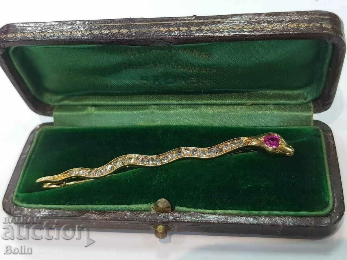 Златна френска брошка змия с диаманти и рубини 19 в.