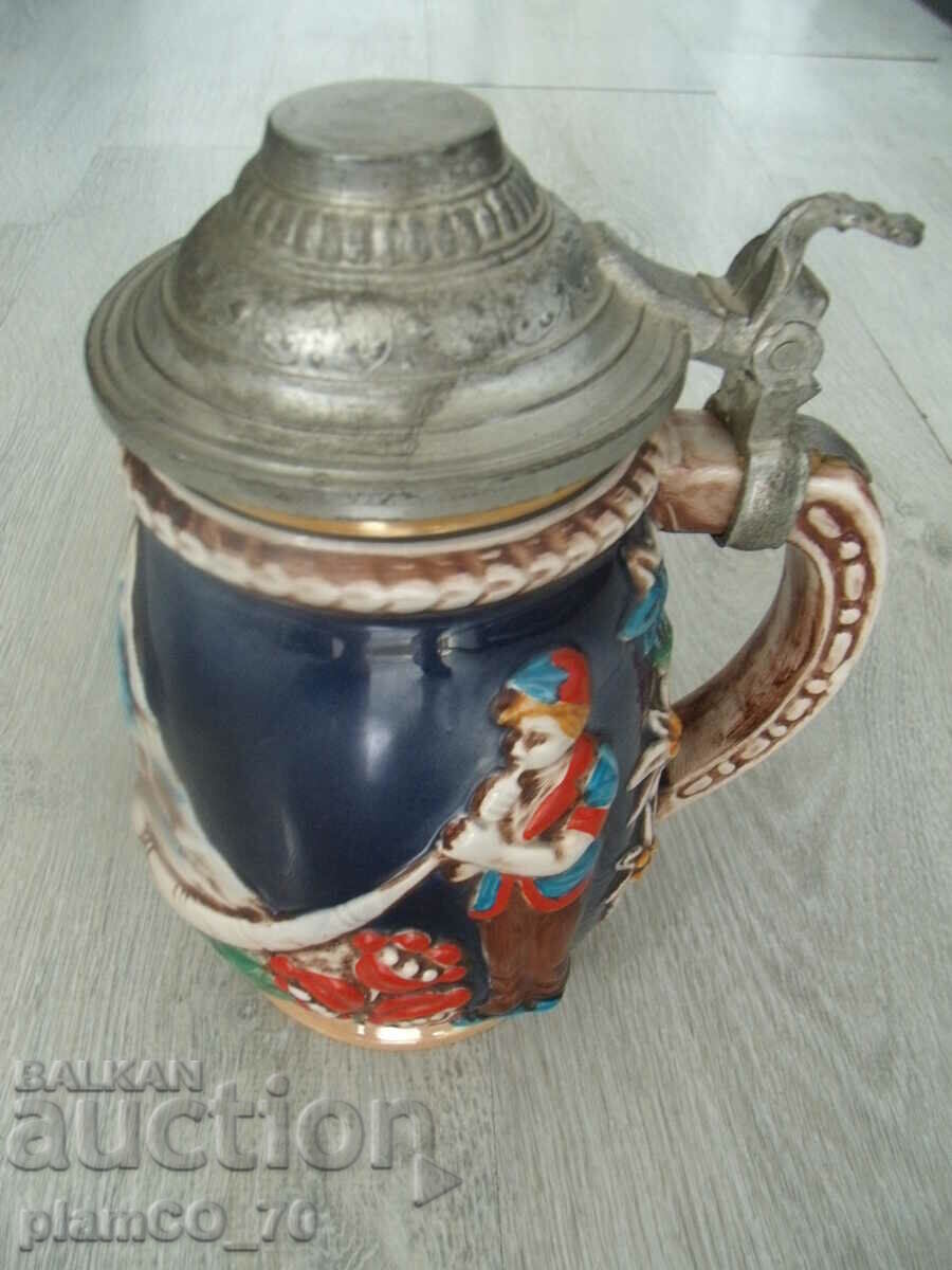 No.*7144 old porcelain mug with metal lid - embossed