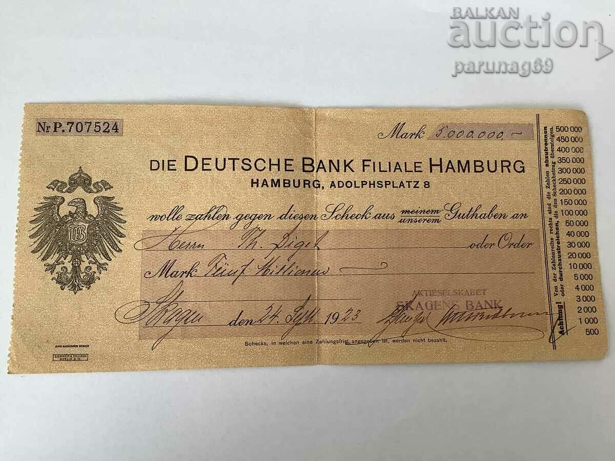 Германия 5000000 марки 1923 година - ЧЕК на Дойче Банк