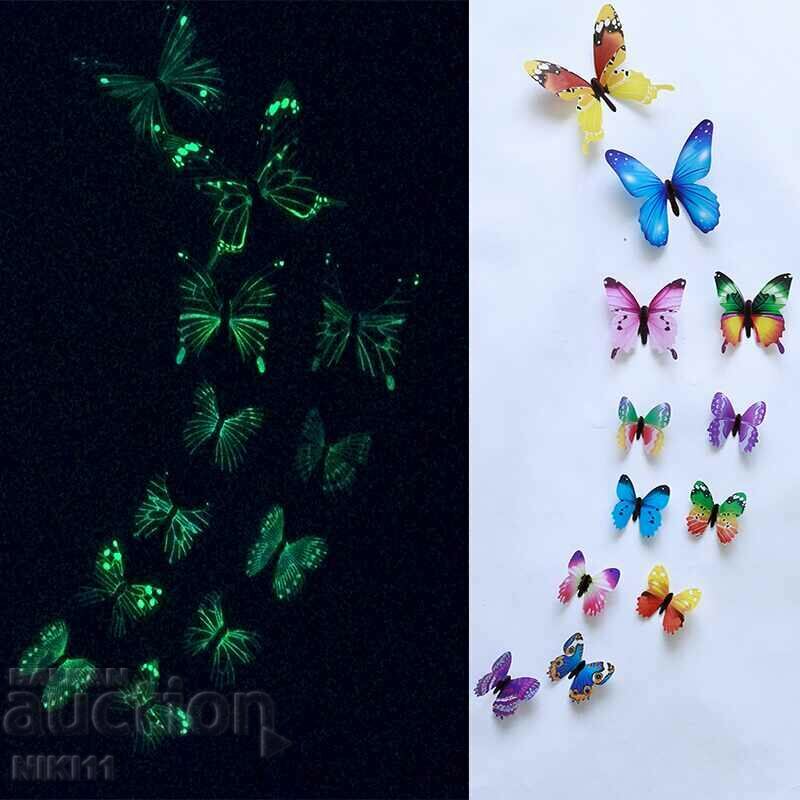 12 pcs. Glowing butterflies 3D, luminescent fluorescent