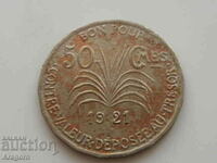 рядка монетa Гваделупа 50 сантима 1921; Guadeloupe