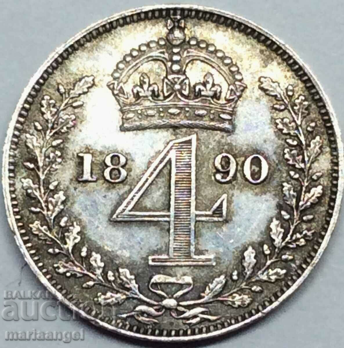 Marea Britanie 4 Pence 1890 Maundy Victoria Silver - Rar