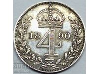 Great Britain 4 Pence 1890 Maundy Victoria Silver - Rare