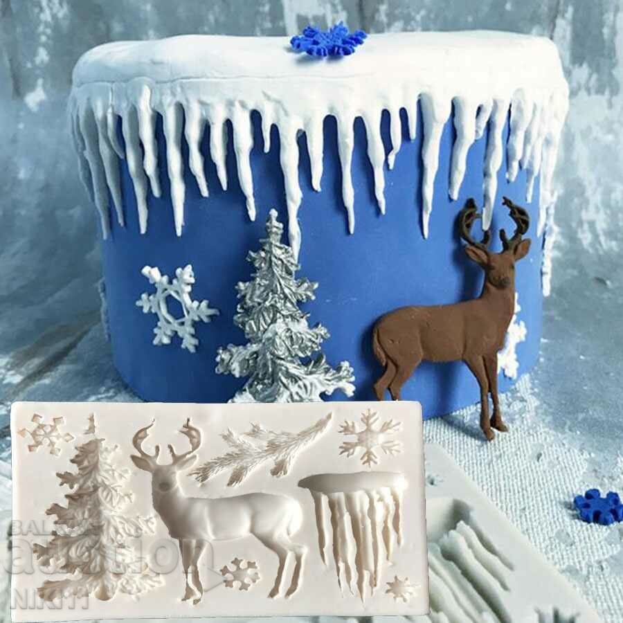 Silicone Christmas mold with deer, Christmas tree, snowflakes, ice