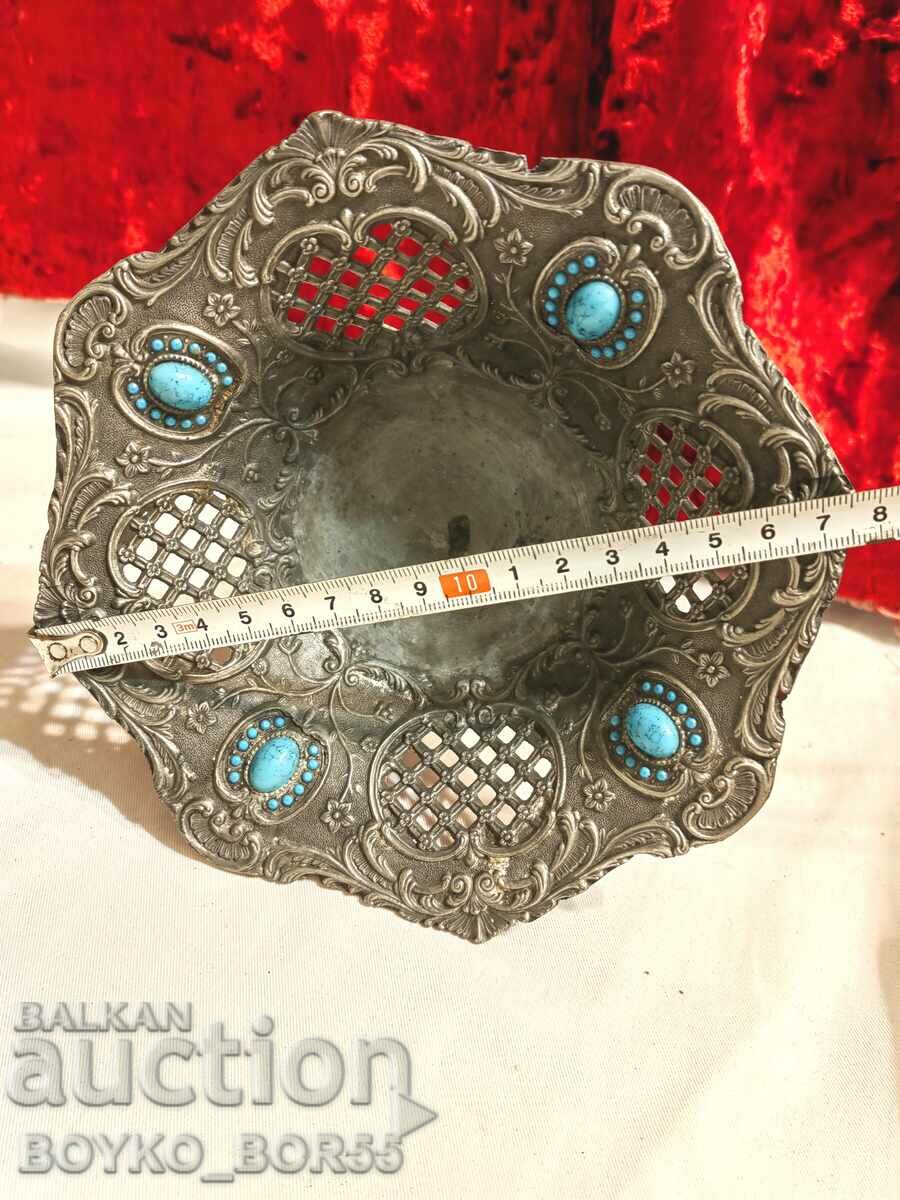 Delivery of Old Metal Fruit Bowl with Turquoises Delivery of Old Metal Fruit Bowl with Turquoises