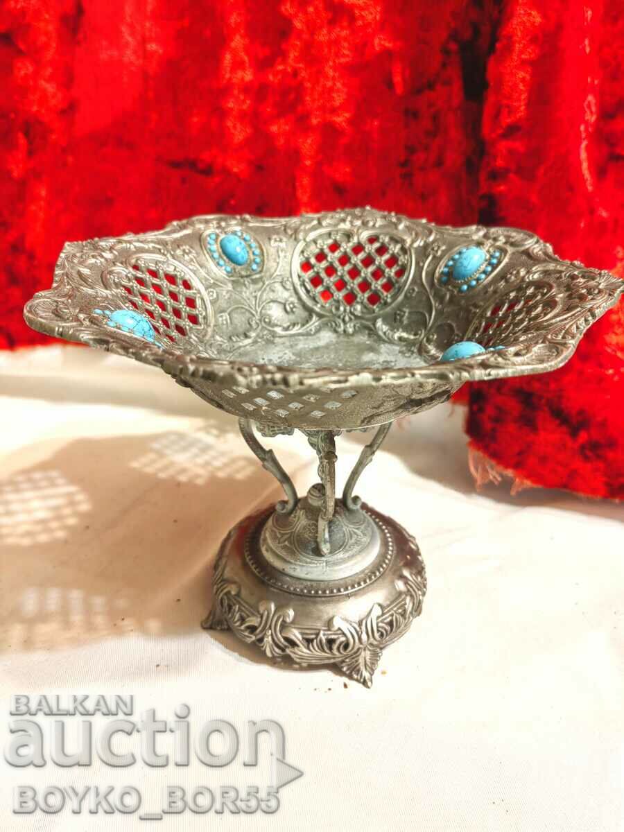 Old Metal Fruit Bowl with Turquoises