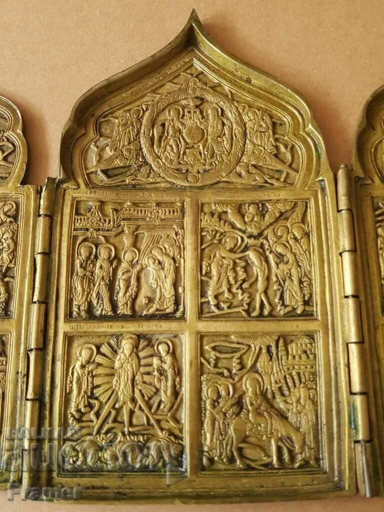 Auction  Icon Russian bronze QUADIPTYCH rare shape original 19th century