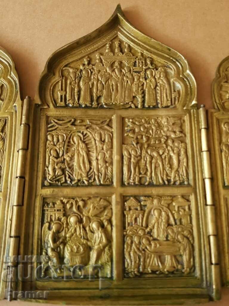 Livrarea Icoană rusă din bronz QUADIPTIC formă rară originală secolul al XIX-lea