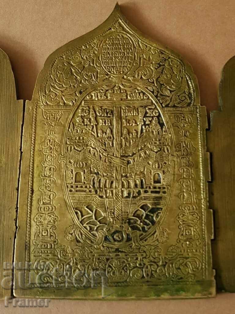 Icon Russian bronze QUADIPTYCH rare shape original 19th century - 6