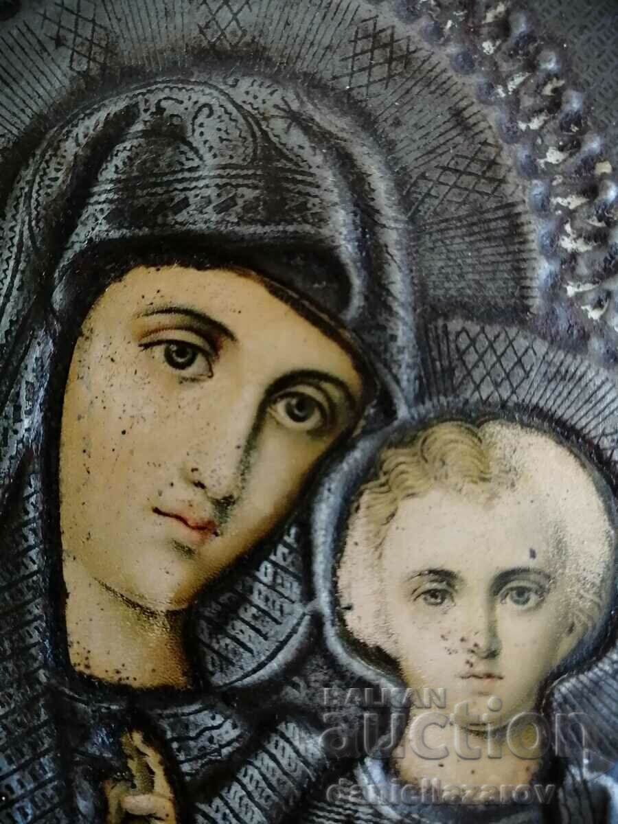Veche icoană RUSĂ a Fecioarei cu Pruncul, feronerie secolul al XIX-lea - 5