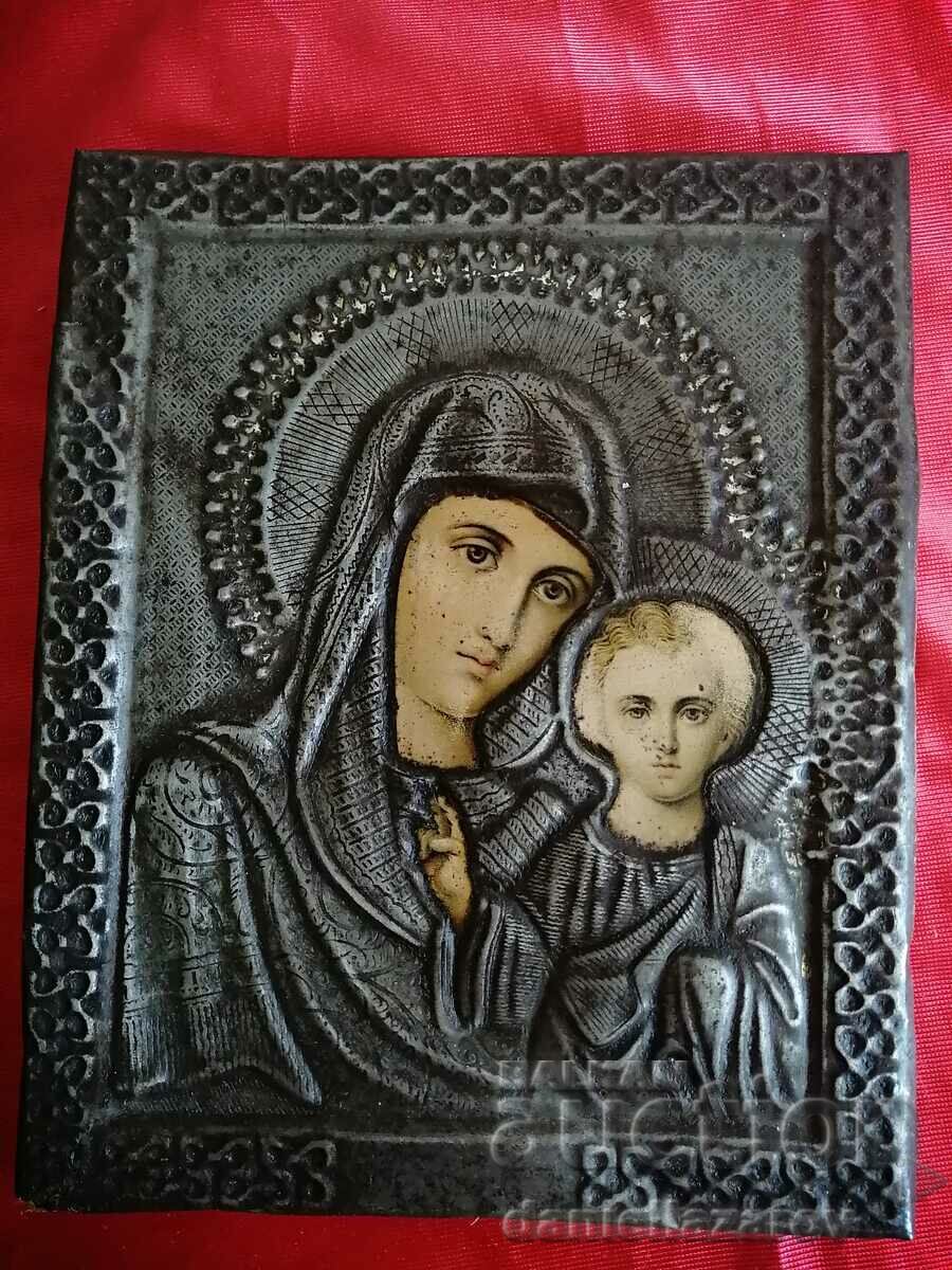 Ancient RUSSIAN Icon of the Virgin and Child, Hardware 19th Century