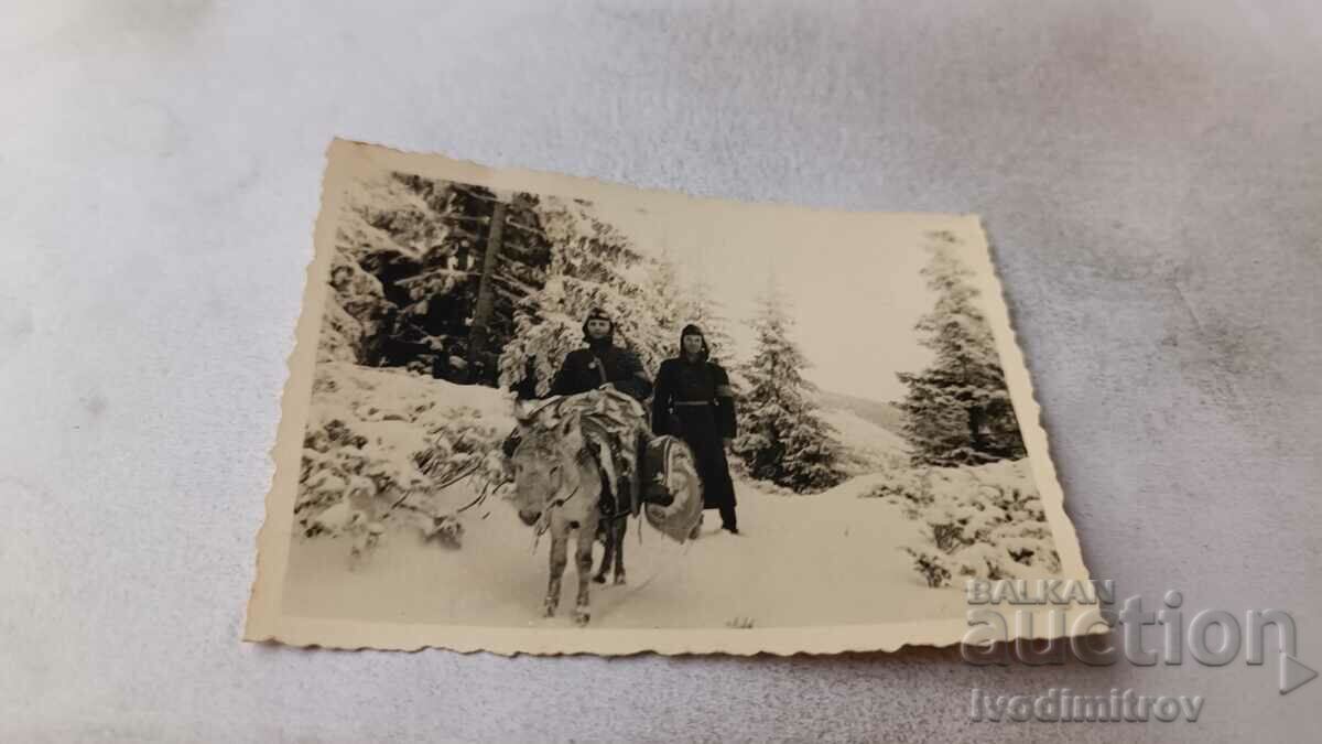 Снимка Двама войници с магаре в планината през зимата