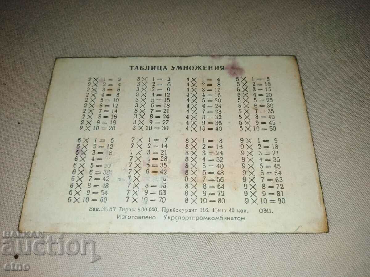 Auction USSR, MULTIPLICATION TABLE - STEREO, Calendar Auction USSR, MULTIPLICATION TABLE - STEREO, Calendar
