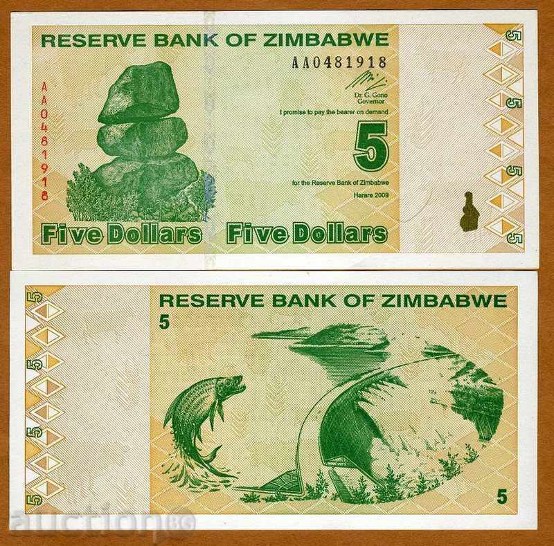 ZORBA AUCTIONS ZIMBABE 5 DOLLARS 2009 UNC