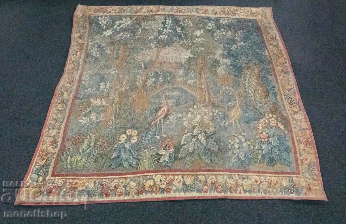 Very large tapestry depicting birds in a landscape with a castle