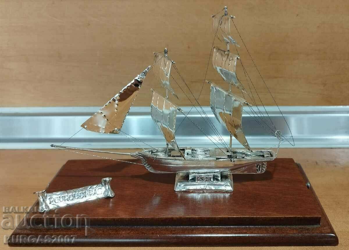 Old silver ship, sailing vessel, marked 950