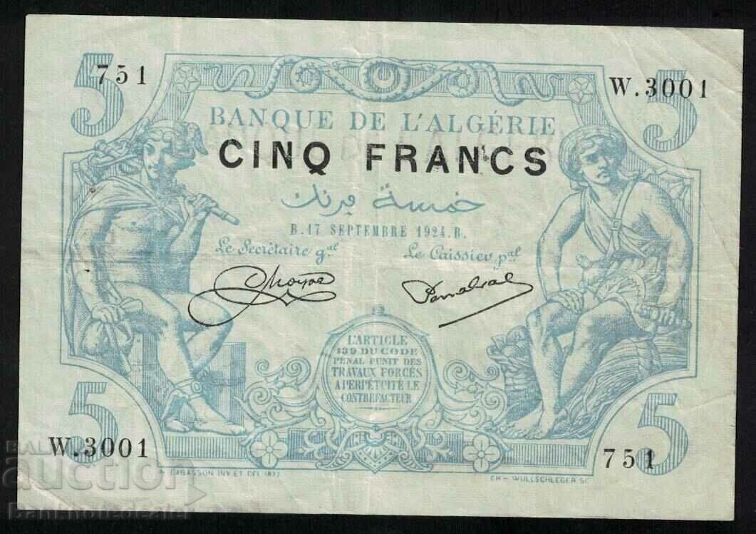 Algeria 5 Francs 1924 Pick 71b Ref 3001