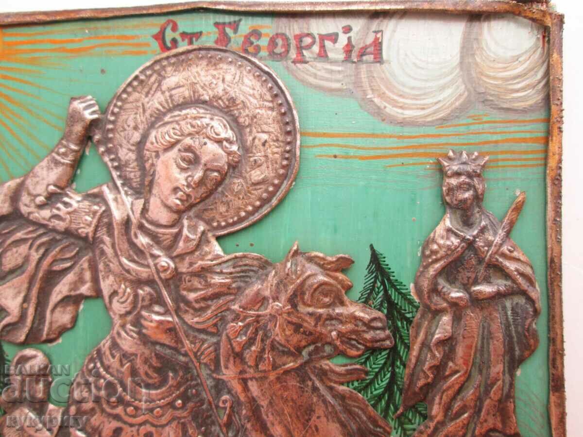 Old icon with metal fittings St. George the Victorious with price 70.00 BGN | € 35.79