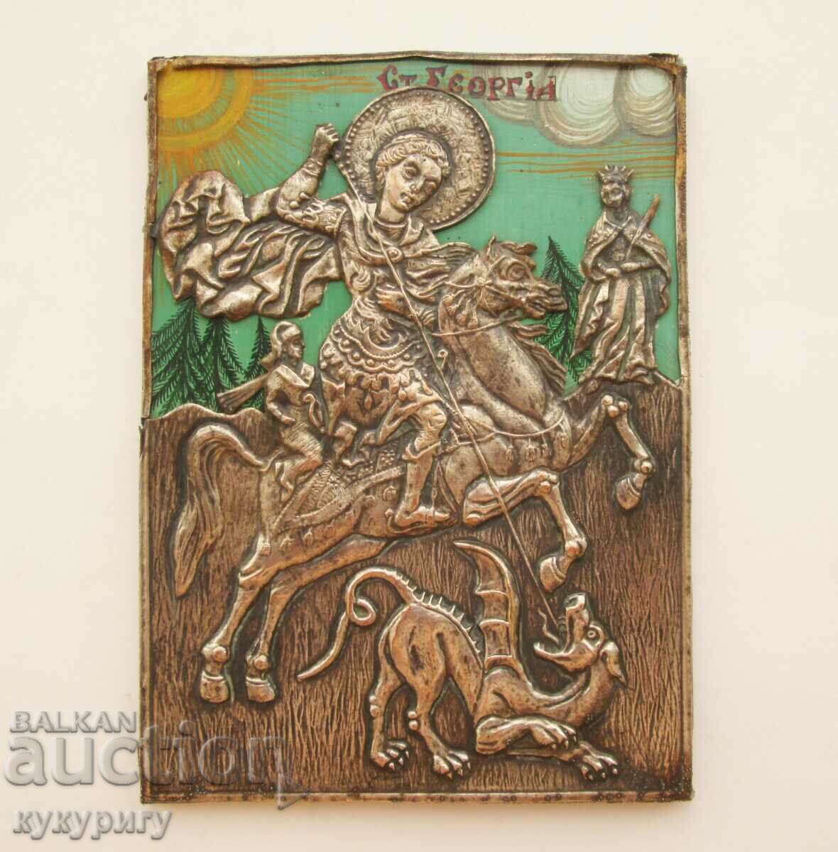 Стара икона с метален обков Св. Георги Победоносец