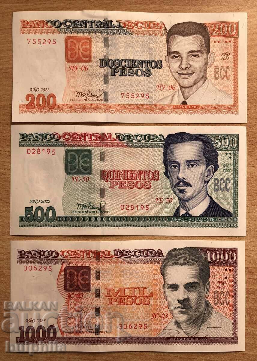 200, 500 and 1000 pesos Cuba. UNC.