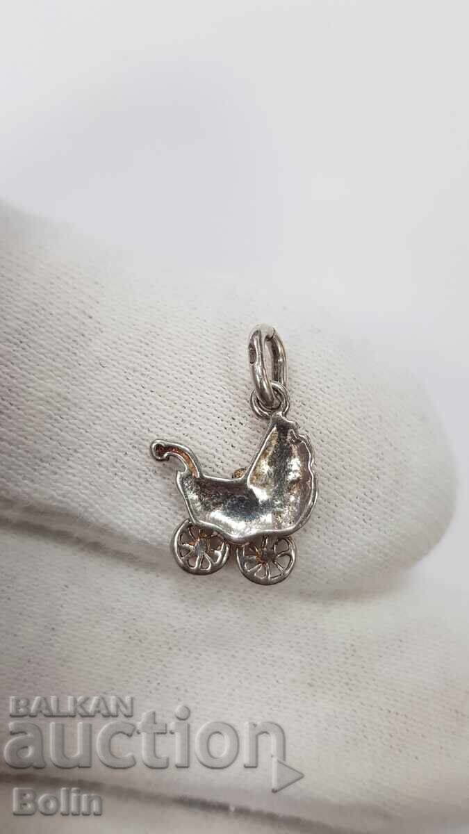 Сребърен миниатюрен медальон детска количка - 925 пр.-Европа - 7