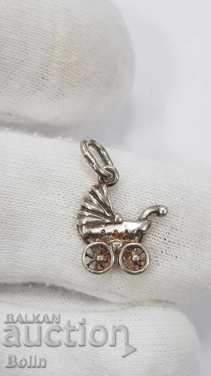 Сребърен миниатюрен медальон детска количка - 925 пр.-Европа