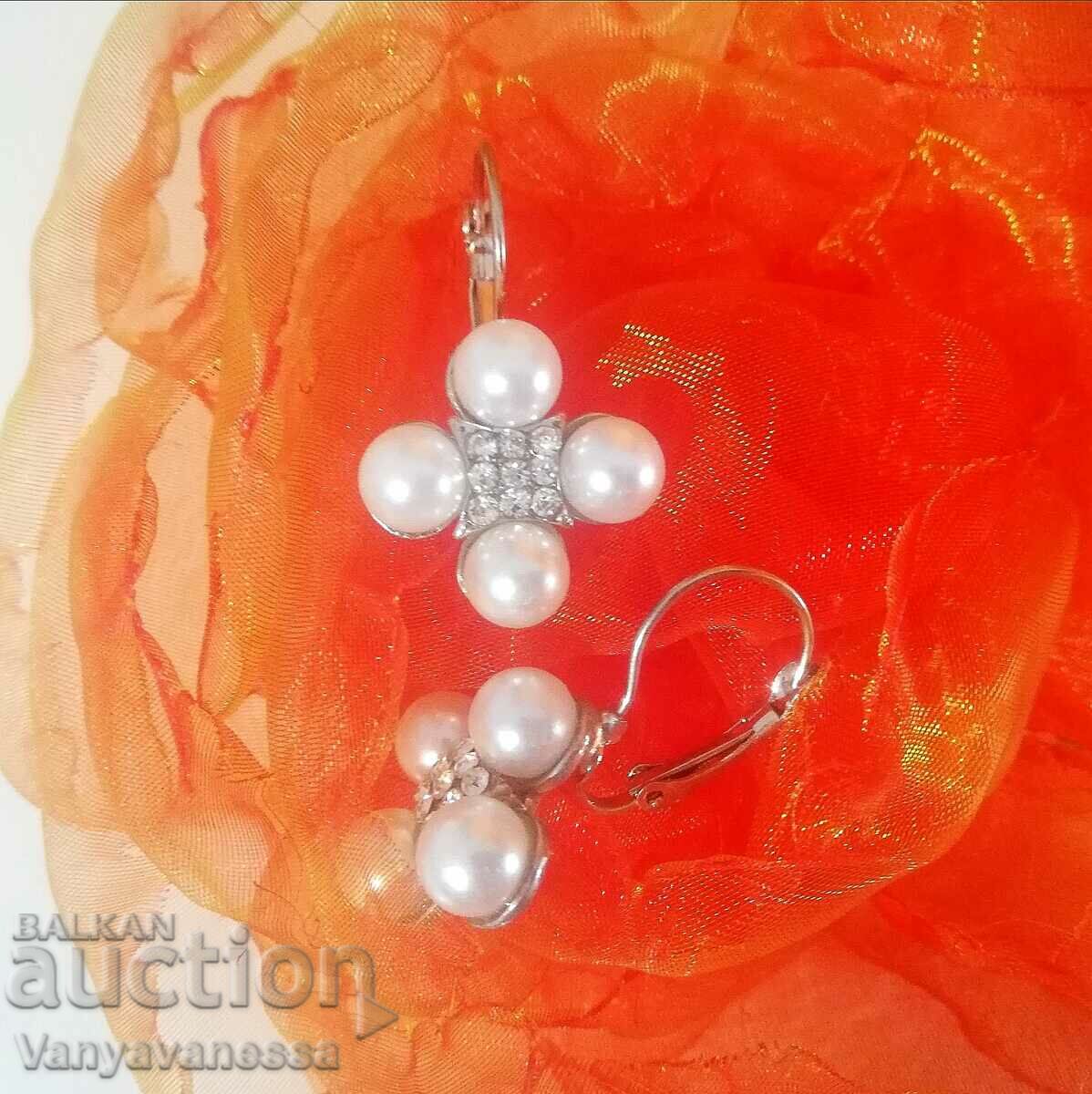 White Pearl and Crystal Earrings English Clasp