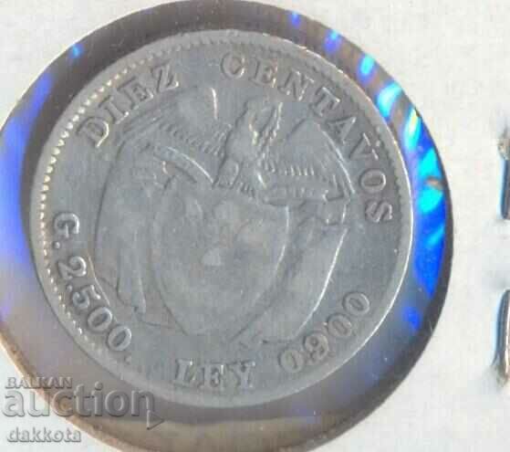 Колумбия 10 центавос 1913 година, гр.2,5 сребро, проба 900
