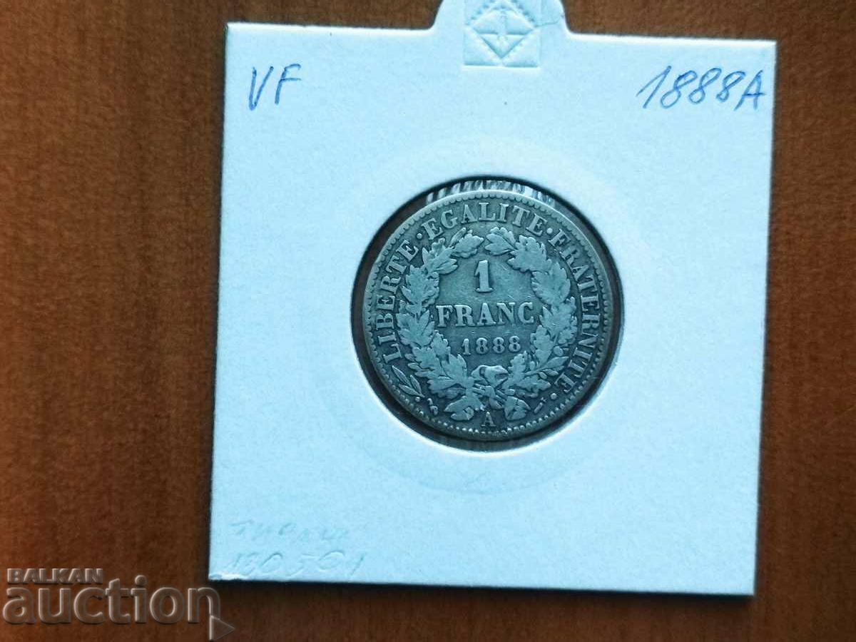 France 1 franc coin from 1888 silver